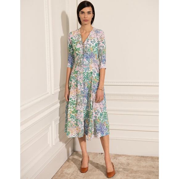 EUC The Fold London Lochaline Floral Midi Dress US size 8 Button Viscose Wedding - Picture 1 of 16